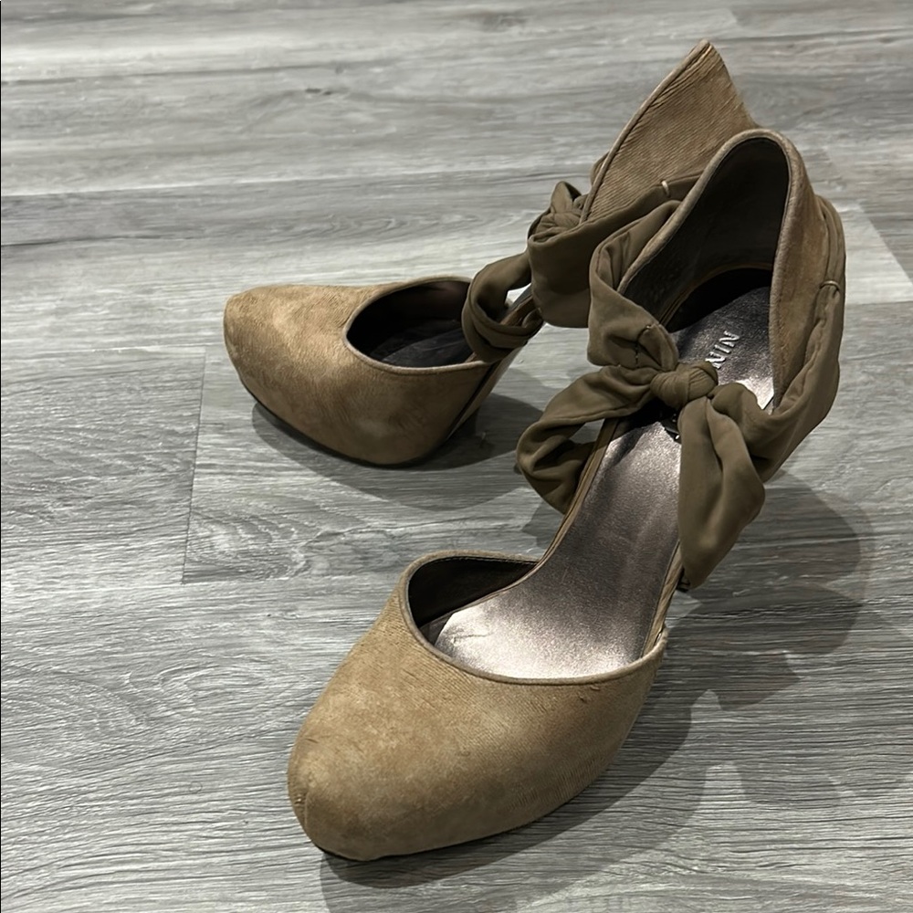 Tan Suede Mary Jane Heels with Ankle Strap
